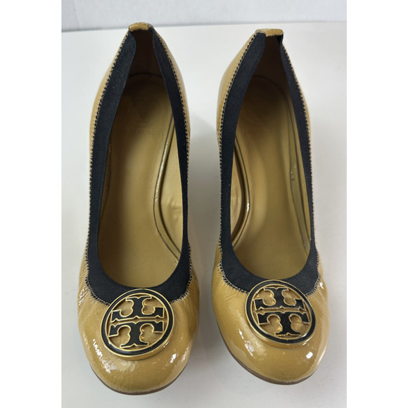TORY BURCH Caroline Wedge Ice Coffee Black Leather Beige Women's Size 9 / 9M - Picture 3 of 16